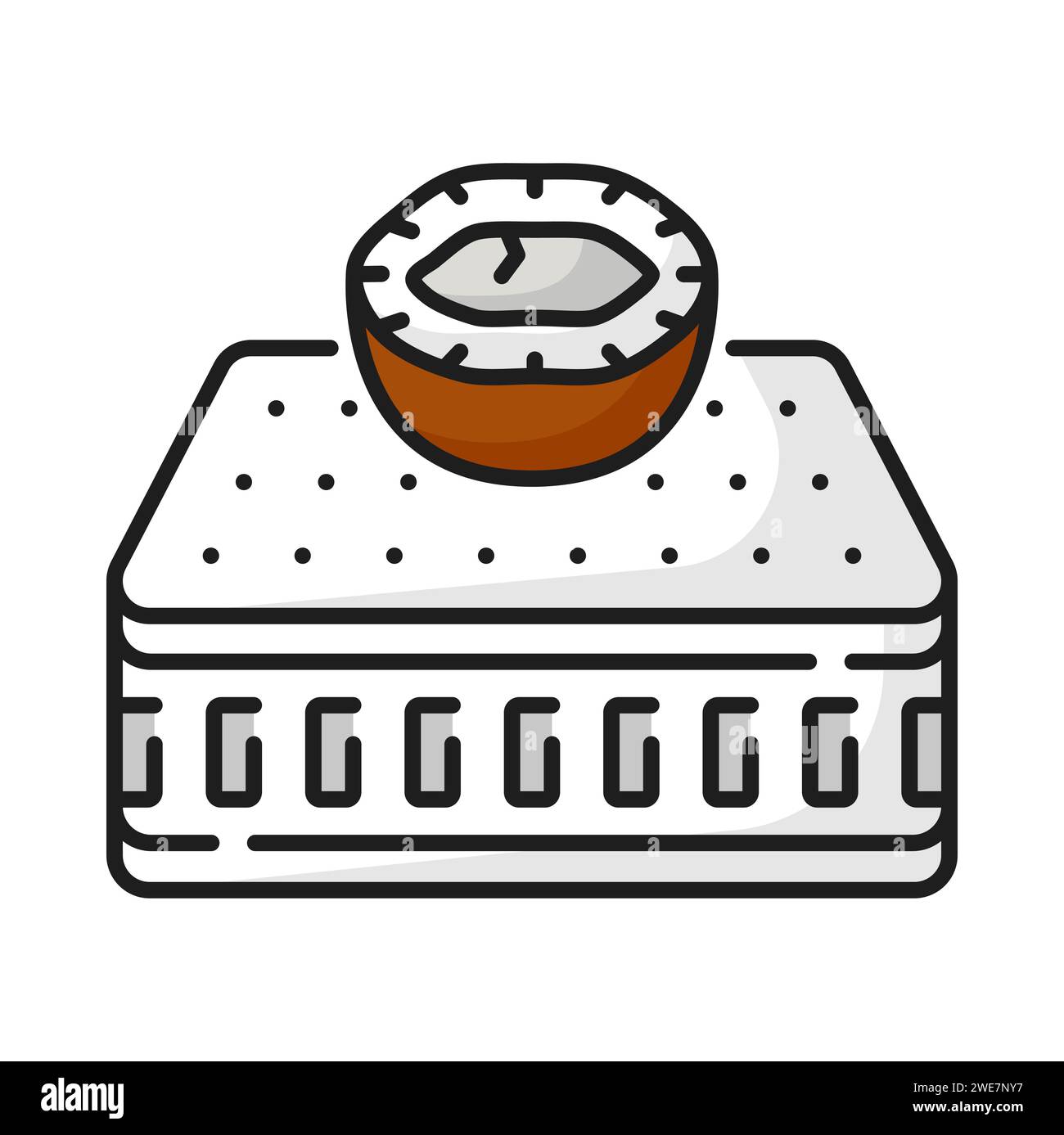 Orthopädische Kokosmatratze mit Memory-Layer-isoliertem Farbliniensymbol. Vektorabdeckung des Bettes mit atmungsaktiven Eigenschaften, Kokosmatte und Baumwolle Stock Vektor