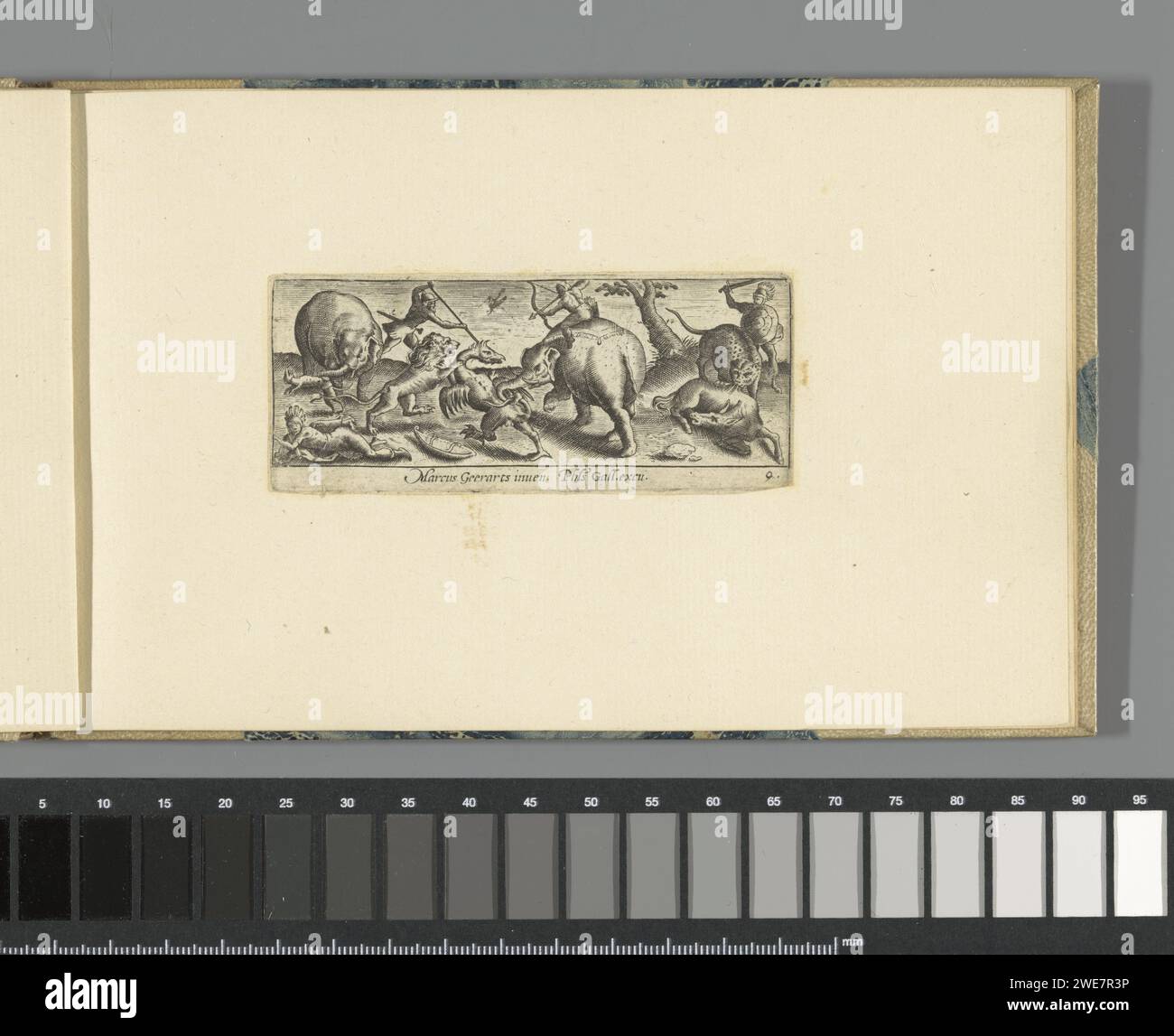 Landschaft mit Jägern, Elefanten, Löwen und Leoparden, 1570 - 1612 Druck Landschaft mit Jagdjägern und Jagdtieren. Ein Jäger sitzt auf dem Rücken eines Elefanten. In der Mitte ein vogelähnliches Monster und ein Löwe. Rechts ein Leopard, der ein Pferd angreift. Dieser Ausdruck ist Teil eines Albums. Antwerpener Papiergravurspiel, gejagte Tiere. Jägerjagd (Anmerkung: 1988-1990 bezeichnet diese Notation das Konzept von 43C11421 „Jägerruhende während der Jagd“). Stammtiere: Elefant. Raubtiere, Raubtiere: Löwe. Raubtiere, Raubtiere: Leopard Stockfoto