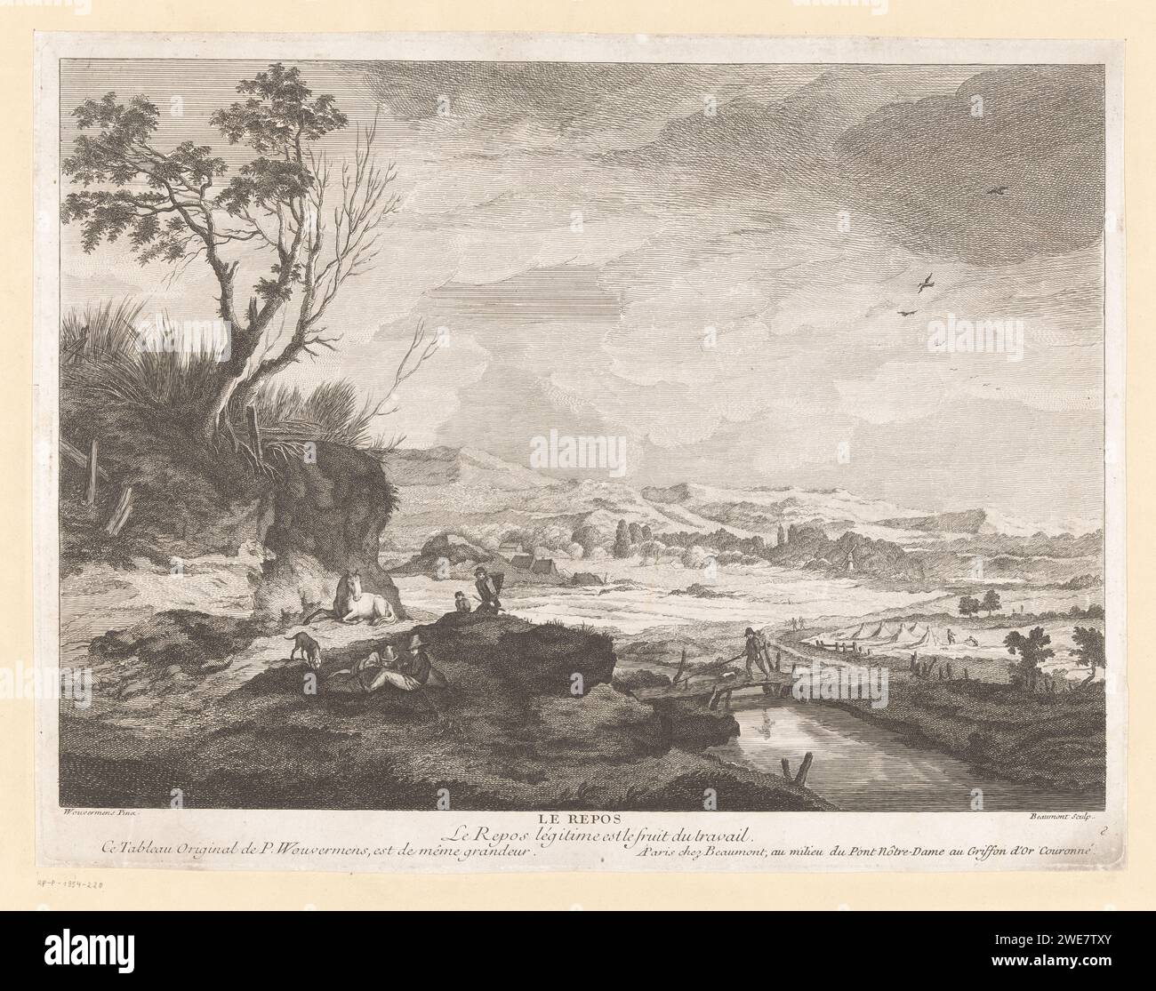 Landschaft mit ruhenden Figuren, Pierre Francois Beaumont, nach Pouwels Joostensz. Wouwerman, nach Philips Wouwerman, nach Pieter Wouwerman, 1729 - 1769, nummeriert unten rechts 8. Druckerei: Franzepublisher: Paris Paper Etching Landscapes - HH - ideale Landscapes. Ruhezustand - BB - außerhalb der Türen. fluss Stockfoto