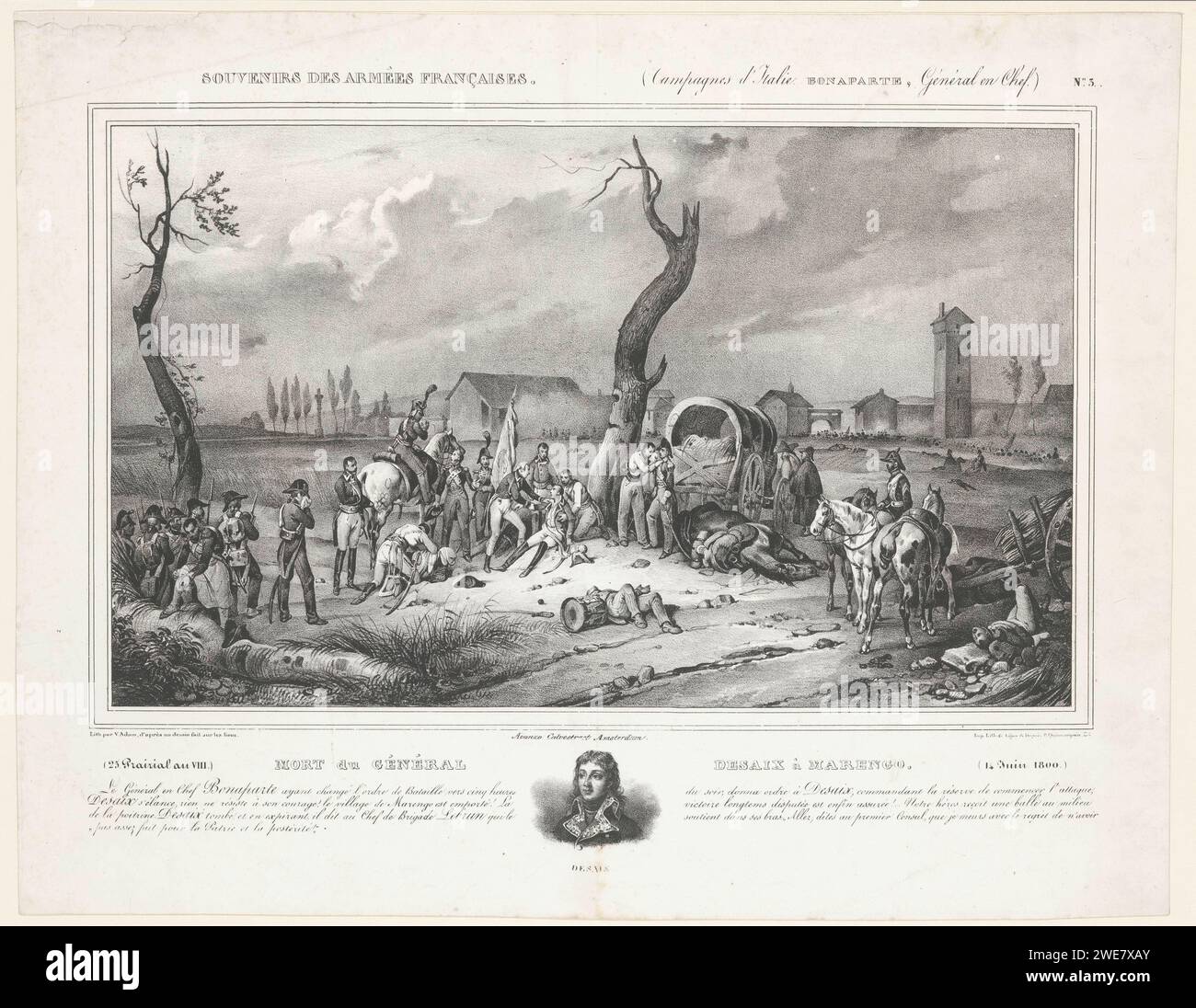 Tod von General Desaix und Porträt von Desaix, Victor Adam, 1829 - 1830 Druck Tod von General Louis-Charles-Antoine Desaixtijds die Schlacht von Marengo am 14. Juni 1800. Unter zeigt ein Porträt von Desaix zwischen Text. Nr. 5 in einer Serie von Platten über die italienischen Feldzüge Napoleons 1796–1800. Printmacher: Franzepublisher: Amsterdamprinter: Paris Paper Dying. oberbefehlshaber, General, Marschall Marengo Stockfoto