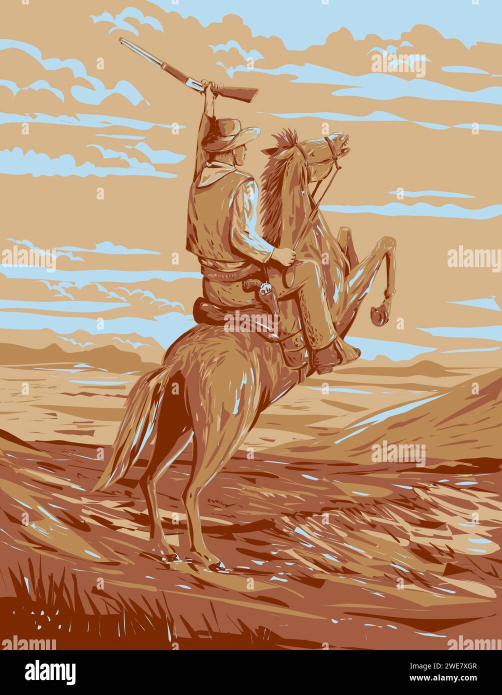 WPA-Poster-Kunst eines Viehzüchters, Cowboys, Kuhhhirten, Cowmans, Cowpoke oder Cowpuncher reiten auf einem Reitpferd mit Gewehr in den Ebenen von Wild West of Stockfoto