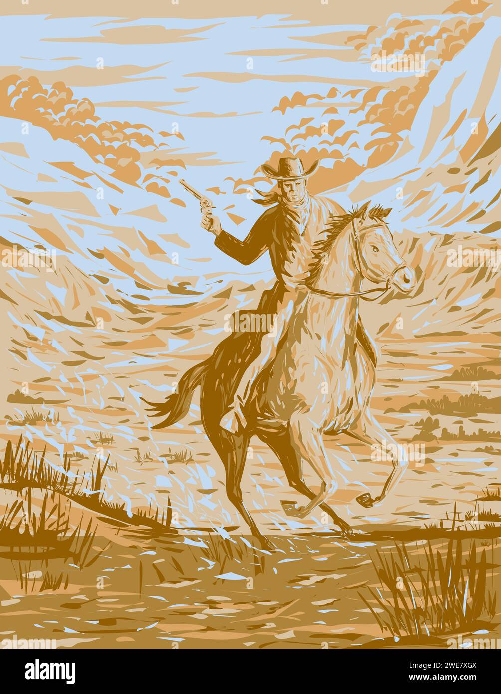 WPA-Poster-Kunst eines Viehzüchters, Cowboys, Kuhhhirten, Cowmans, Cowpoke oder Cowpuncher reiten Pferd mit Pistole in den Ebenen des Wilden Westamerikas Stockfoto