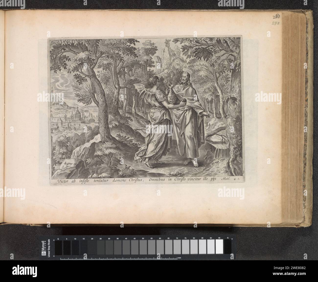 Versuchung Christi, 1643 Druck in der Wildnis, Christus wird vom Teufel verlangt. Der Teufel in Form einer Frau mit Kegeln und spitzen Ohren bietet ihm einen Stein an und bittet ihn, ihn in ein Brot zu verwandeln. Unter dem zeigen Sie einen Hinweis auf lateinisch auf den Bibeltext in MAT. 4: 1. Dieser Ausdruck ist Teil eines Albums. Amsterdamer Papierstich Geschichte über die Versuchung Christi in der Wildnis (Matthäus 4,1-11; Markus 1,12-13; Lukas 4,1-13). "Befehle diesen Steinen, Brote zu werden"  Verführung Christi in der Wüste Stockfoto