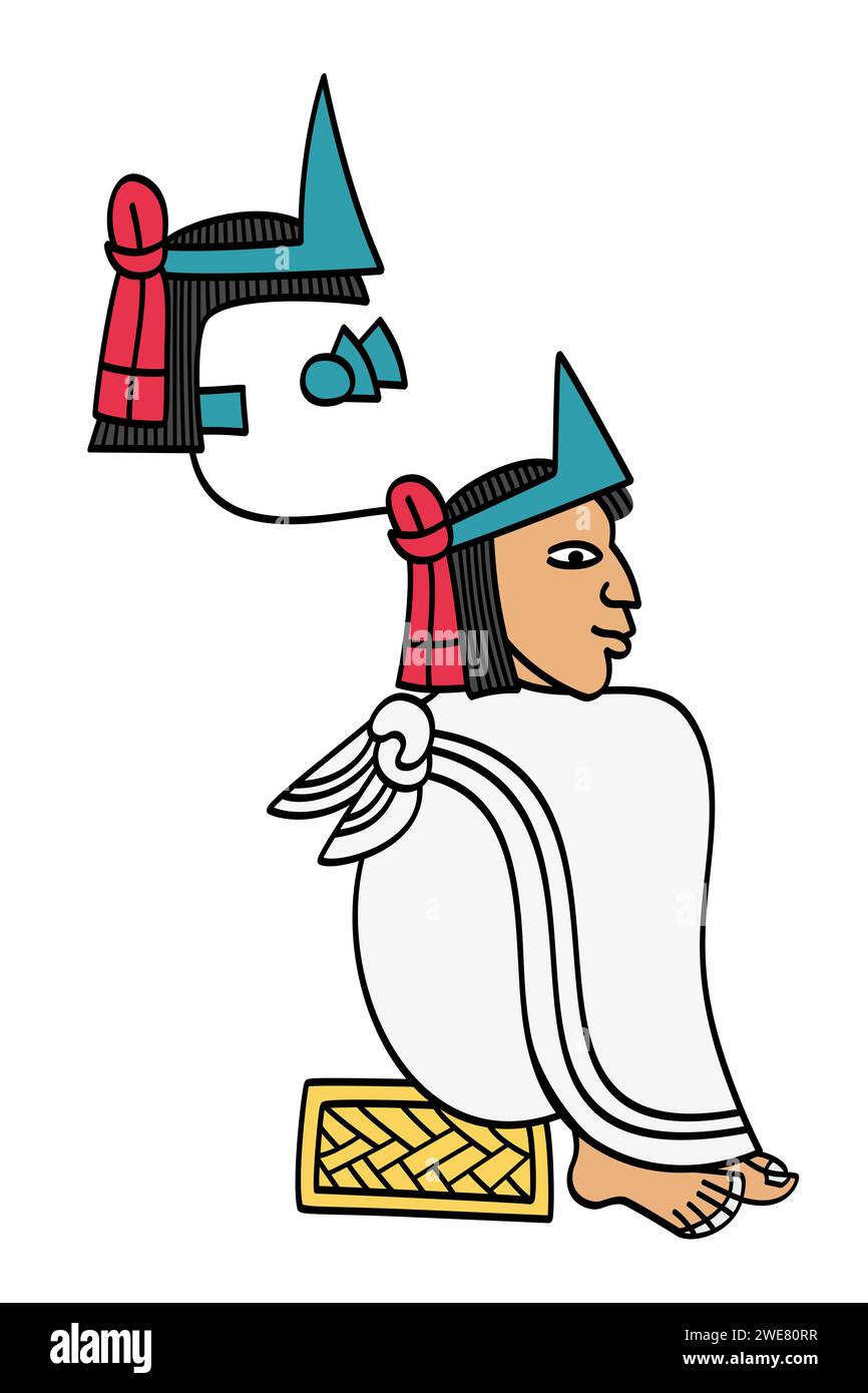 Moctezuma II., neunter Kaiser des Aztekenreiches, wie im Codex Mendoza dargestellt, mit dem Namen Glyphe oder Königssiegel, bestehend aus türkisfarbener Krone auf glatten Haaren. Stockfoto