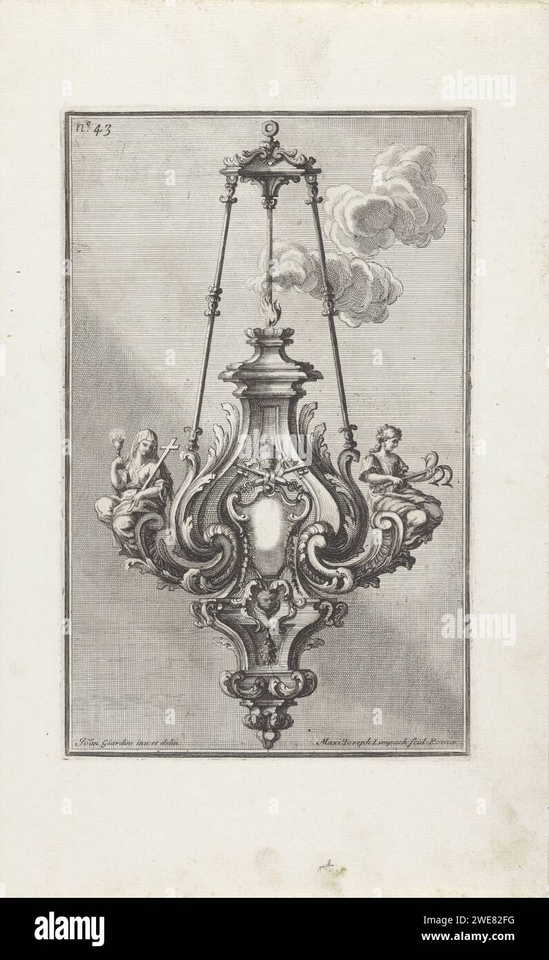 Kronleuchter mit Personifizierungen von Hoffnung und Glauben und päpstlicher Waffe, 1714 Druck oben links nummeriert: nein 43. Druckerei: RomeAfter Zeichnung von: Italien Design von: ItalyVaticaanstad Papierätzleuchter, Kandelaber. Kerze. Faith, „Fides“; „Fede“, „Fede catholica“, „Fede christiana“, "Fede christiana catholica" (Ripa)  eine der drei theologischen Tugenden. Hope, Spes; Speranza divina e certa (Ripa)  eine der drei theologischen Tugenden Stockfoto