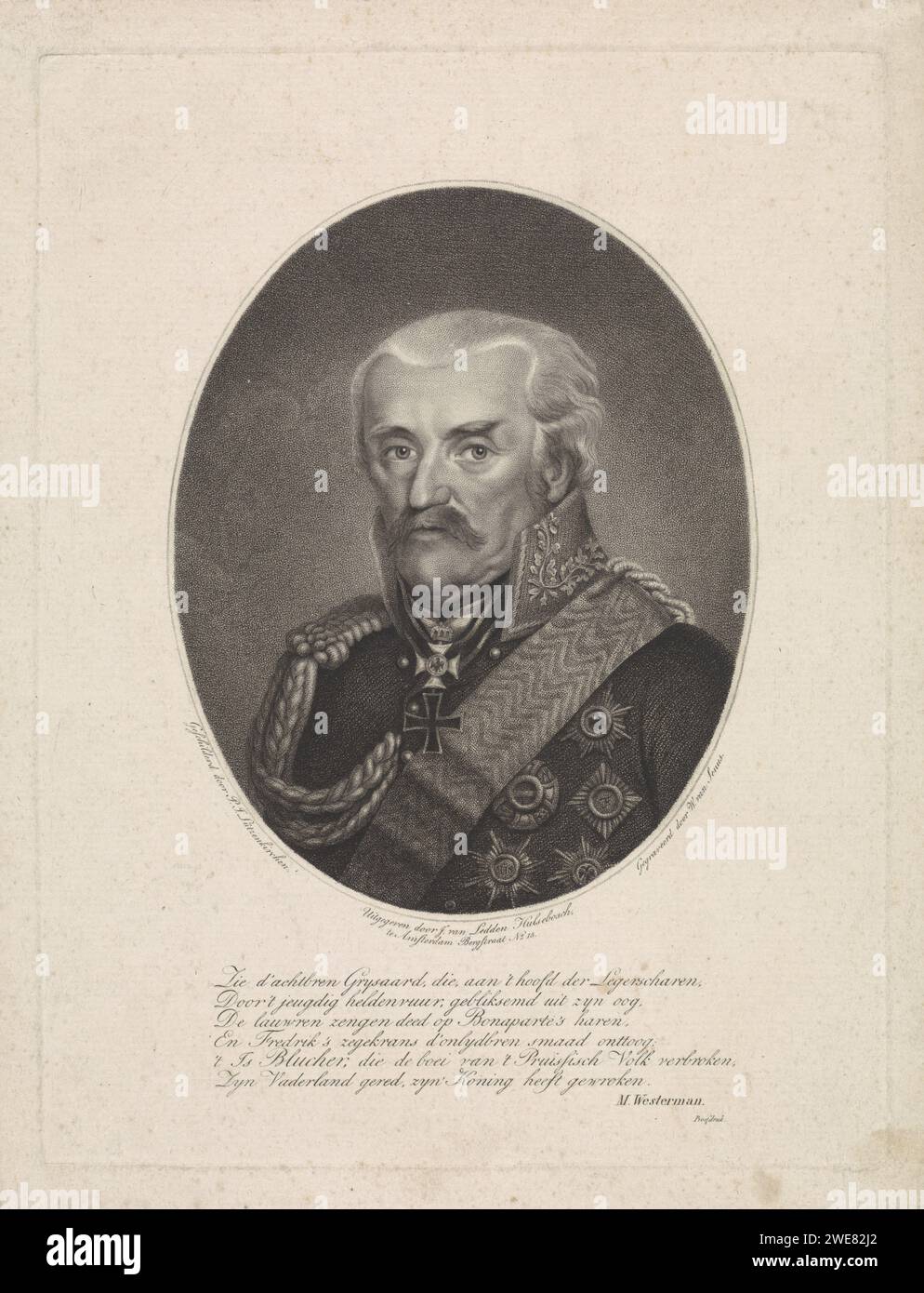 PortraT van Gebhard Leberecht von Blücher, Willem van Senus, nach P.J. Lützenkirchen, 1815 - 1851 Print Portrait des preußischen Generals Gebhard Leberecht von Blücher. Er führte seine Armee gegen Napoleon Bonaparte in der Schlacht von Waterloo 1815 an. Amsterdamer Papierätzung/Gravur Stockfoto