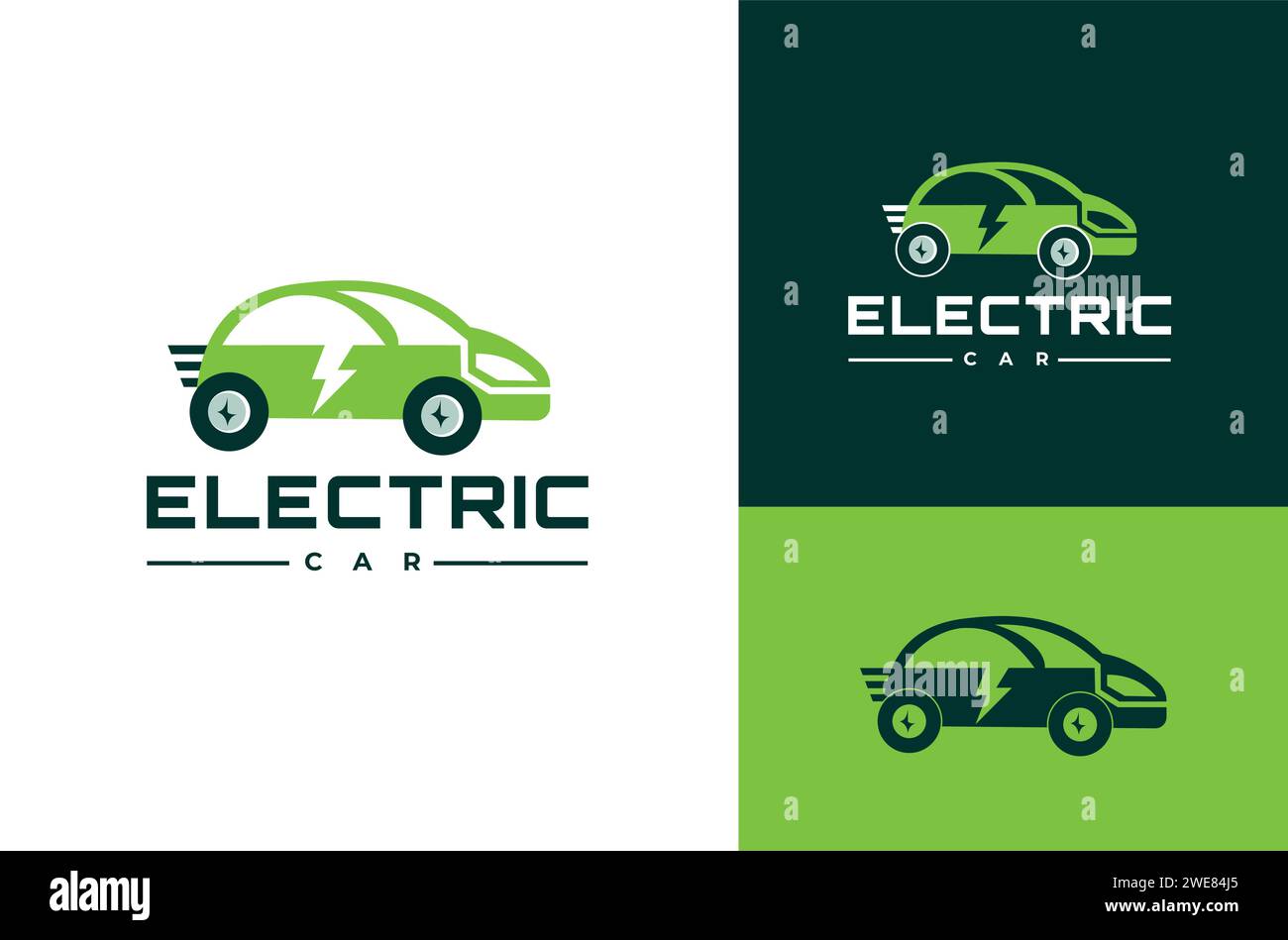 Schnelles elektrisches Auto grünes Hybrid modernes Fahrzeug, umweltfreundliches Fahrzeugkonzept, Vektor-Illustration, Symbol, Symbol mit weißem, grünem und dunkelgrünem Hintergrund Stock Vektor