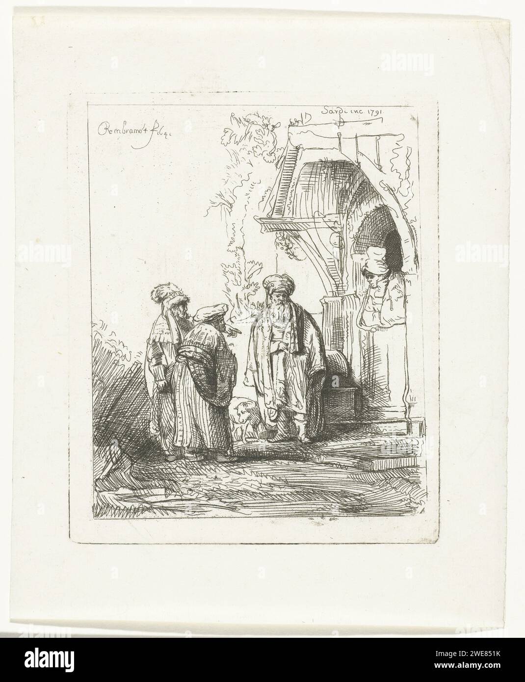 Drei orientalische Figuren, Giuseppe Sardi, nach Rembrandt van Rijn, 1791 drucken möglicherweise eine Passage aus der Geschichte von Jakob und Laban. Papierätzung / Trockenpunkt die Partnerschaft mit Laban  Story of Jacob (1. Mose 30:25-43) Stockfoto