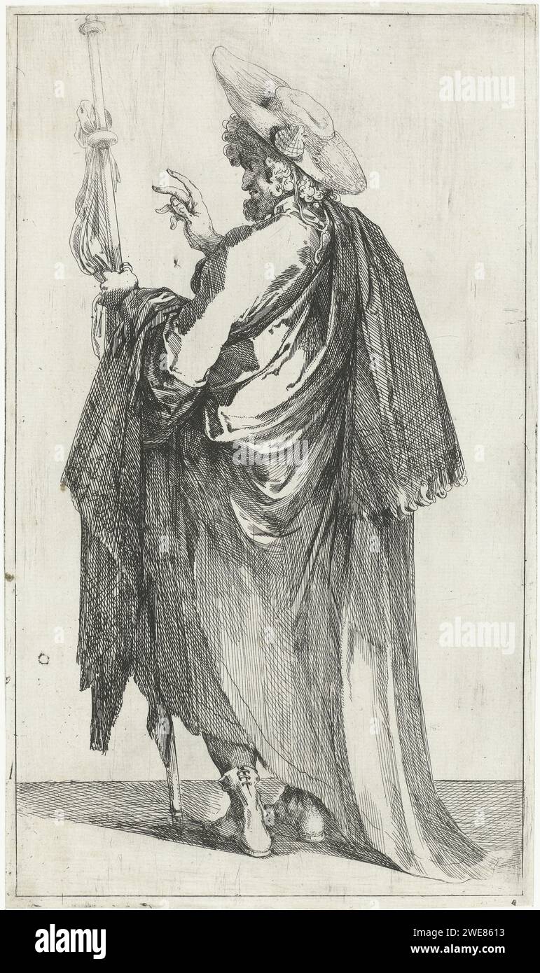 Apostel Jakobus Major, Jacques Bellange, 1602–1616 Druck sah den Apostel Jakobus Major auf der Rückseite, mit einem Pilgerhut und einem Stab in der Hand. Frankreich Papier, das den Apostel Jakob dem Großen graviert; mögliche Attribute: Buch, Pilgermantel, Hut, Muschel, Stab, Brieftasche, Rolle, Schwert Stockfoto