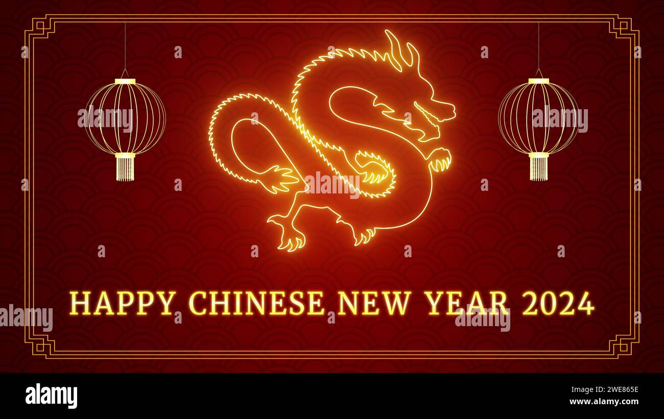 Drache mit Text und Laterne auf rotem Hintergrund Stockfoto