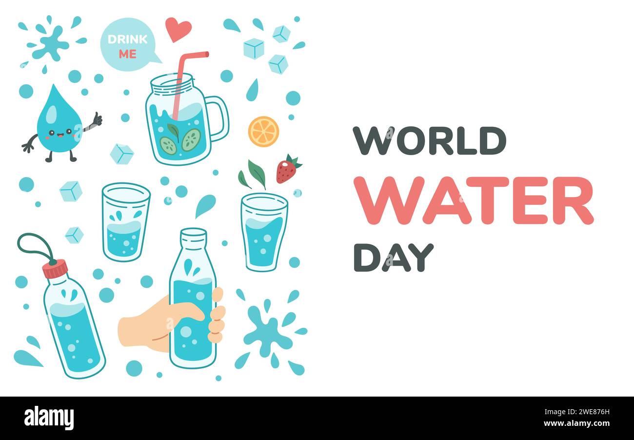Banner zum Weltwassertag, Postkarte mit Wasser im Glas, Glas, Glasflasche und Text. Handgezeichnete Vektor-Illustration für internationalen Feiertag. Cartoon-Stil, flaches Design. Mehr Wasser trinken Konzept. Stock Vektor