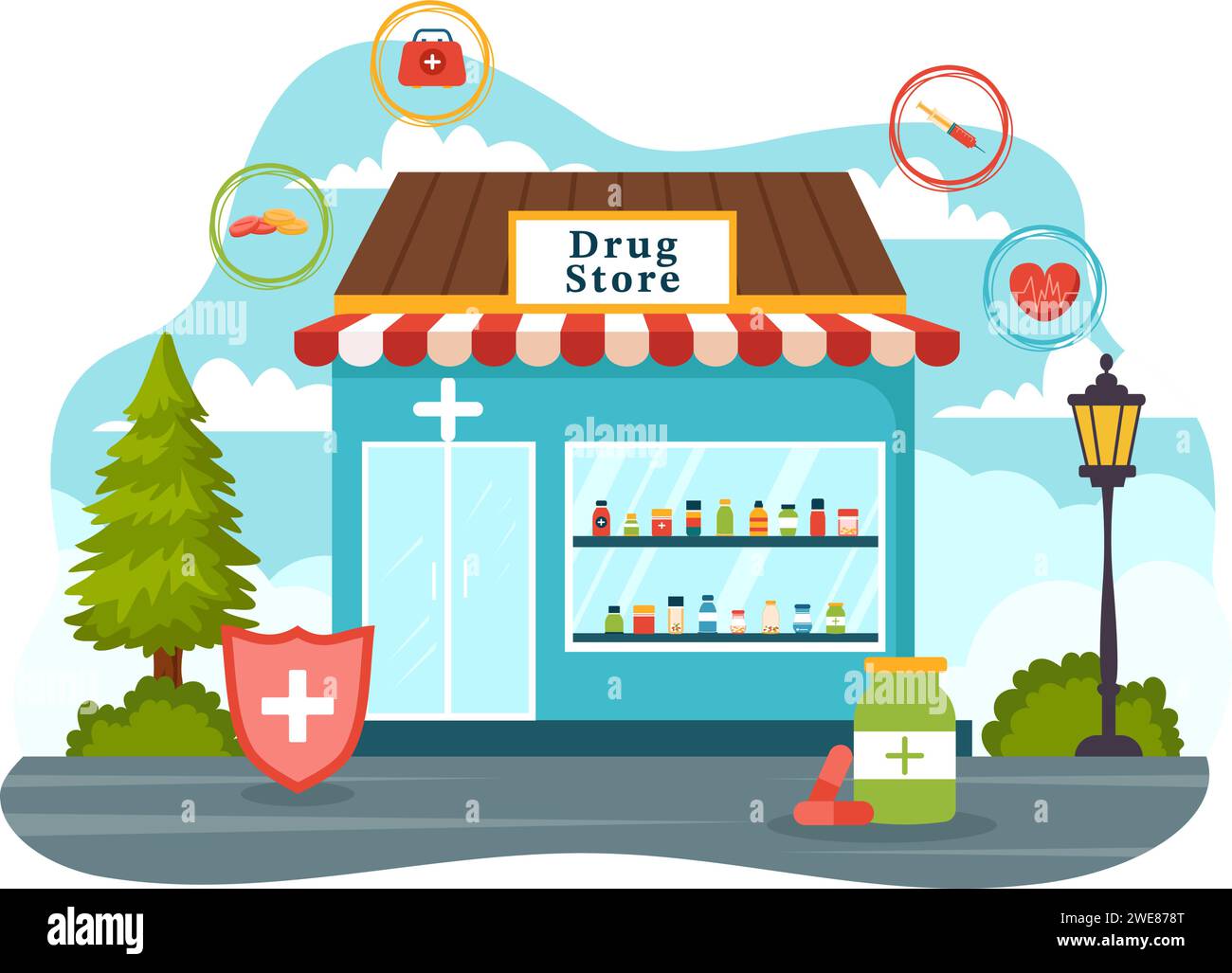 Drug Store Vector Illustration mit Shop für den Verkauf von Drogen, ein Apotheker, Medizin, Kapseln und Flasche im Healthcare Flat Cartoon Hintergrund Stock Vektor