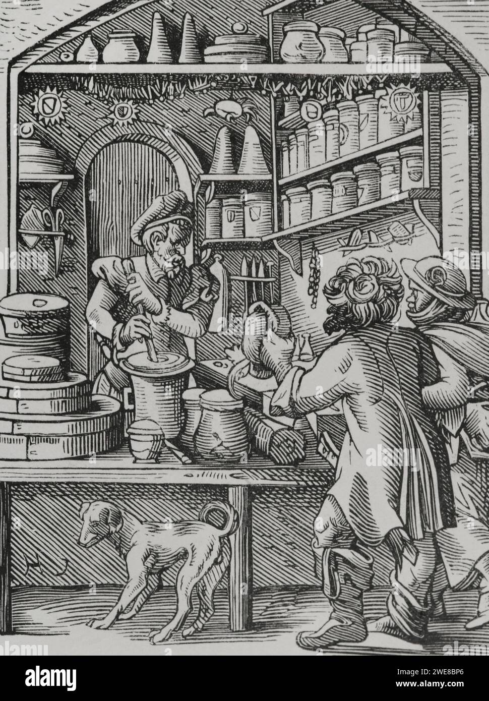 Die Apotheke. Reproduktion eines Stiches aus dem 16. Jahrhundert von Jost Amman. "Moeurs, usages et Kostüumes au moyen-âge et à l'époque de la Renaissance" von Paul Lacroix. Paris, 1878. Stockfoto