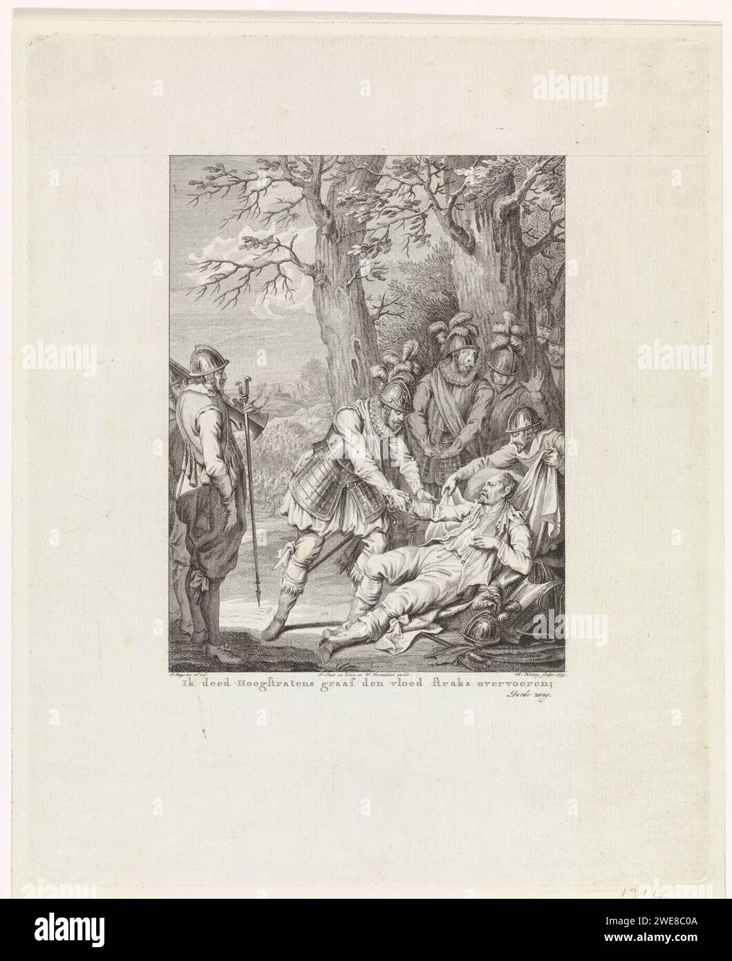 Tod des Grafen von Hoogstraten, 1568, Theodoor Koning, nachdem Jacobus kauft, 1779 gedruckt am 11. Dezember 1568 stirbt Anthony van Lalaing, Graf von Hoogstraten, inmitten von Soldaten, während seine Hand von Prinz Wilhelm I. gehalten wird Dieser Druck ist Teil einer Serie von 24 Drucken mit Szenen aus dem Leben von Prinz Wilhelm I., 1568-1584 und ist eine Illustration des dritten Gesangs. Amsterdamer Papierätzung Stockfoto