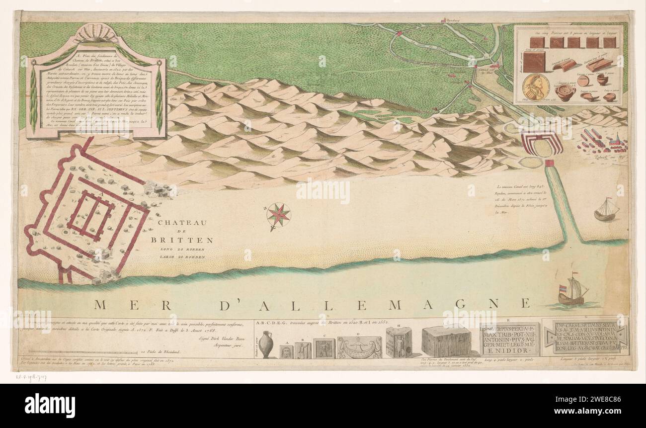 Plan der Küste bei Katwijk mit den Fundamenten Brittenburgs, Anonym, 1783 Print Plan der Küste bei Katwijk aan Zee mit den Fundamenten Brittenburgs (Haus Britten). Oben links eine Kartusche mit einer Beschreibung der Überreste in französischer Sprache. Rechts und unten eine Übersicht über die vor Ort gefundenen Antiquitäten. Entstanden nach einer alten anonymen Zeichnung aus dem Jahr 1572, deren Genauigkeit von Vermesser Dirk van der Boon zertifiziert wurde. Druckerei: Amsterdamprint Maker: Paris Paper. Leinen (Material) Ätzen / Gravieren von Karten von verschiedenen Ländern oder Regionen Brittenburg. Katwijk aan Zee Stockfoto