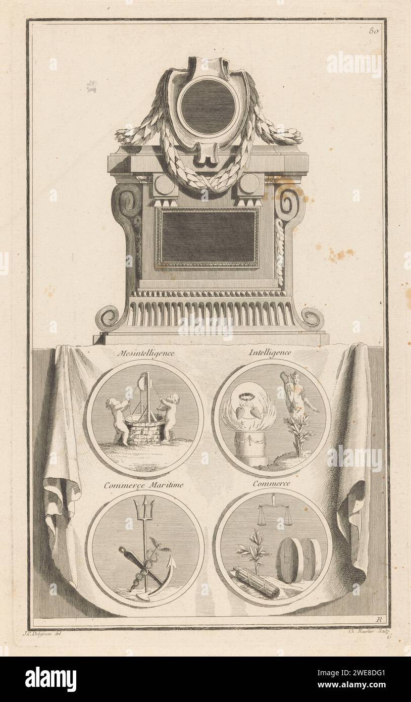 Missverständnis, Geheimdienst, Seehandel und Handel, Charles Beurlier, nachdem Jean Charles Delafosse, 1768 - 1771, Eine Kartusche mit Girlanden auf einem Sockel gedruckt hat. Unter einem Tuch mit vier runden Medaillons, oben links mit zwei Putten auf einem Flaschenzug an einem Wasserbrunnen, oben einer Halbfigur mit einer Vase und zwei brennenden Herzen mit einem Kranz, links unter einem Dreizack, ein Caduceus und ein Anker und unter einem Fasz und einer Skala. Drucknummer 80. Paris Papierätzung / Gravur Stupidenty, Armut des Intellekts; 'Stupidita overo stoliditè (Ripa). Intellekt, Intelligenz; „Intelletto“, „Intel Stockfoto