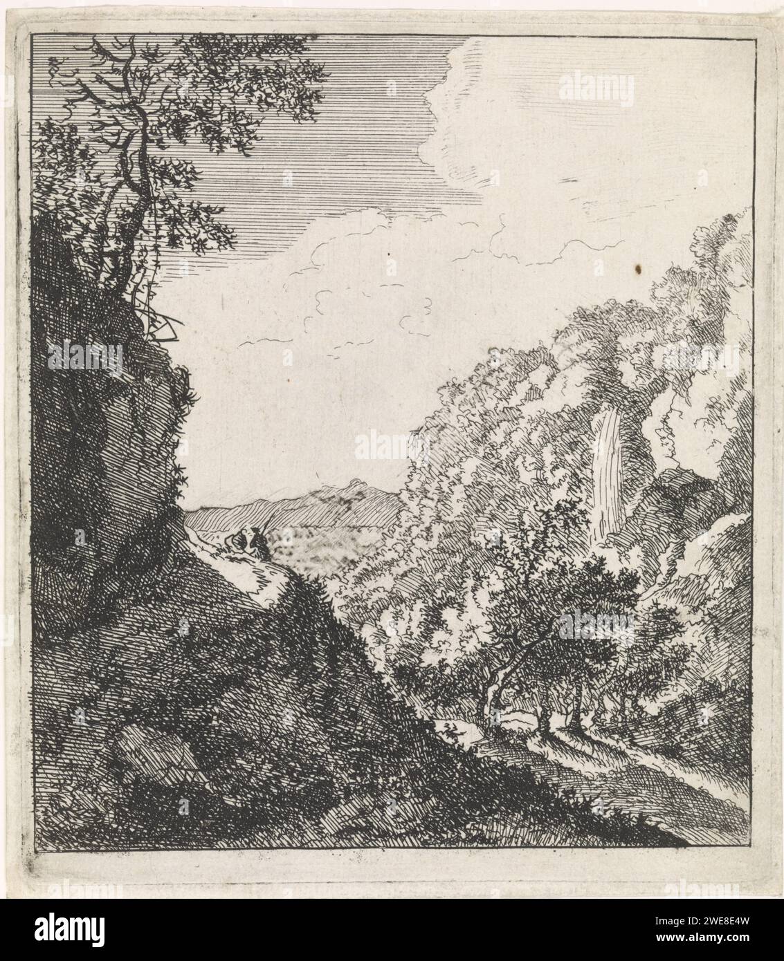 Berglandschaft mit zwei sitzenden Figuren, Jacob Lutma, nach Jan Both, 1634 - 1654 Druckpapier Gravur Berge. Wasserfall Stockfoto