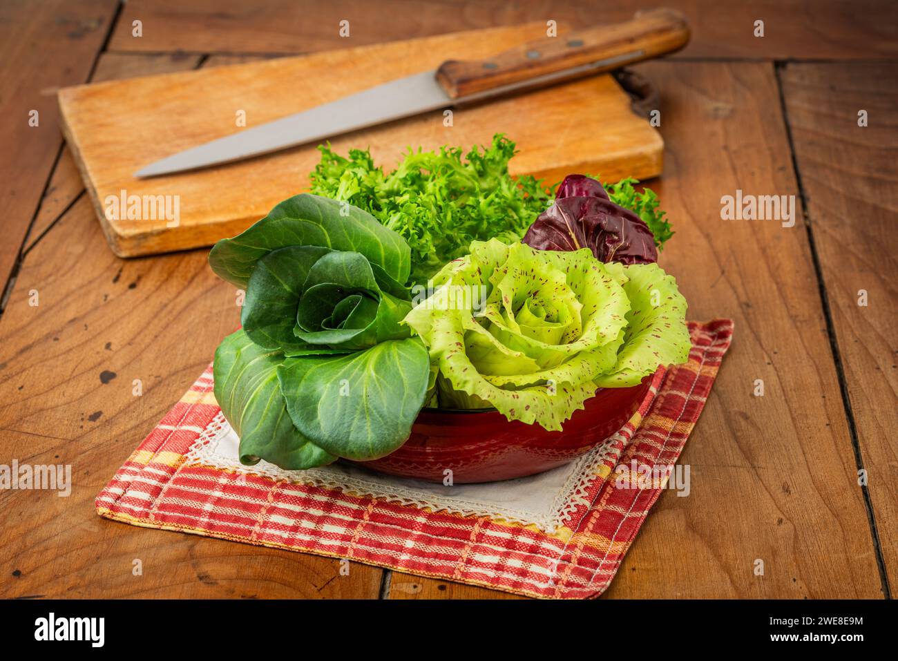 Vier Salate in einer Tasse auf einem antiken Holztisch: Grüner Grumolo-Zichorie, Radicchio aus Chioggia, Radicchio aus Castelfranco und Curly-Salat. Stockfoto