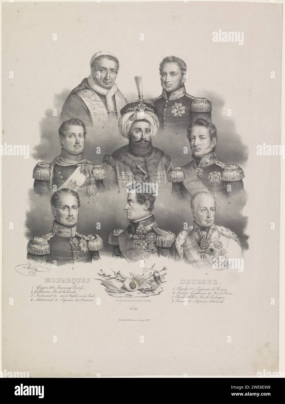 Porträts von acht Fürsten Europas, Jacques Francois Gauderique Llanta, 1833 Printporträts von Papst Gregorius XVI, Wilhelm I. (König der Niederlande), Ferdinand II. (König von beiden Siciliën), Mahmut II. (Sultan des Osmanischen Reiches), Nicolaas I. Pawlowitsch (Zar von Russland), Frederik Willem III. (König von Preußen), Karel Albert (König von Sardinien) und Frans II. (römisch-deutscher Kaiser). Unten links und unten rechts eine erläuternde Liste. Druckerei: Franceprinter: Parispublisher: Paris Paper Stockfoto