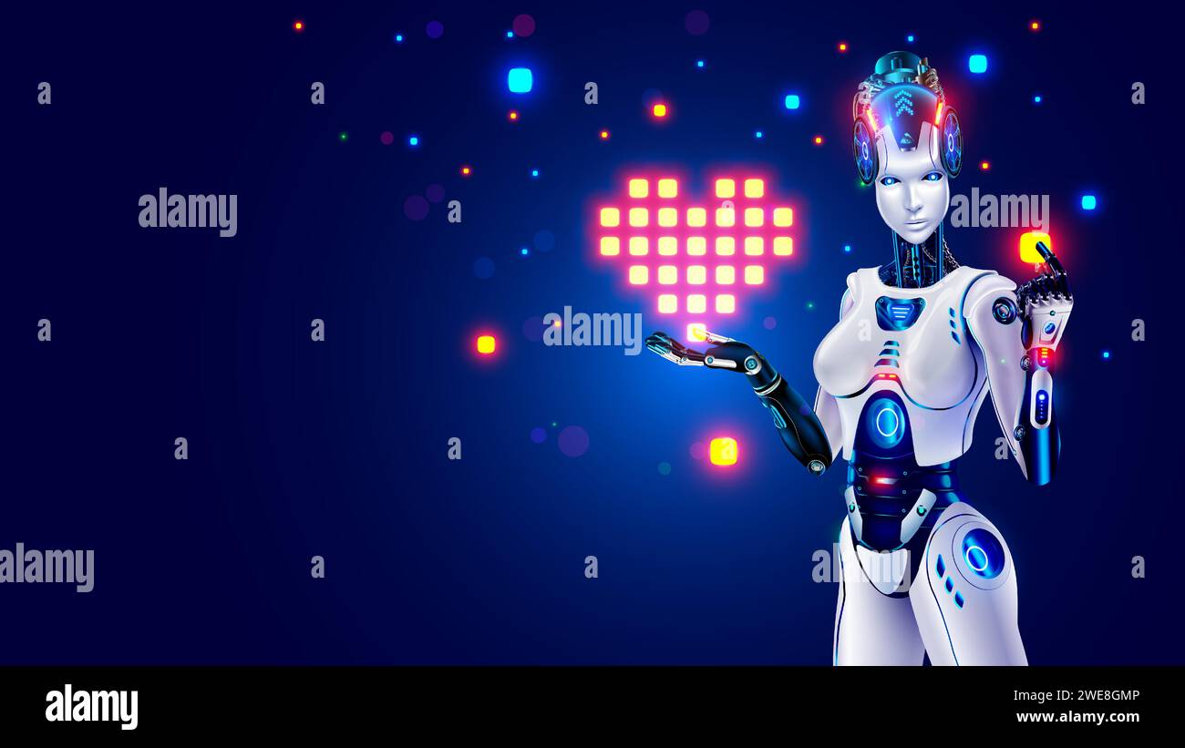 Die schöne Roboterfrau hält ein Pixel-Herz-Symbol der Liebe in der Hand. Banner für den Valentinstag im Stil von KI, digitaler Technologie. Neuronale Netze, A Stock Vektor