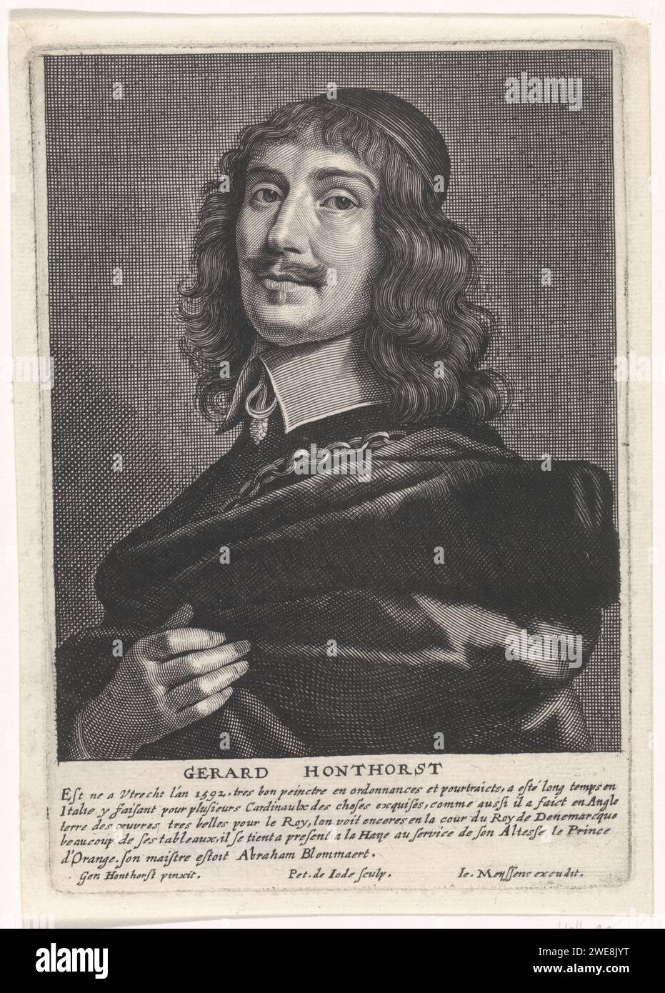 Porträt von Gerard Honthorst, Pieter de Jode (II), nach Gerard van Honthorst, 1628–1670 Druck BostePortret des Künstlers Gerard Honthorst, mit Kalot. Am Rand der Name der dargestellten Person und eine fünfzeilige Beschriftung auf Französisch. Antwerpen Papiergravur/Ätzung Stockfoto