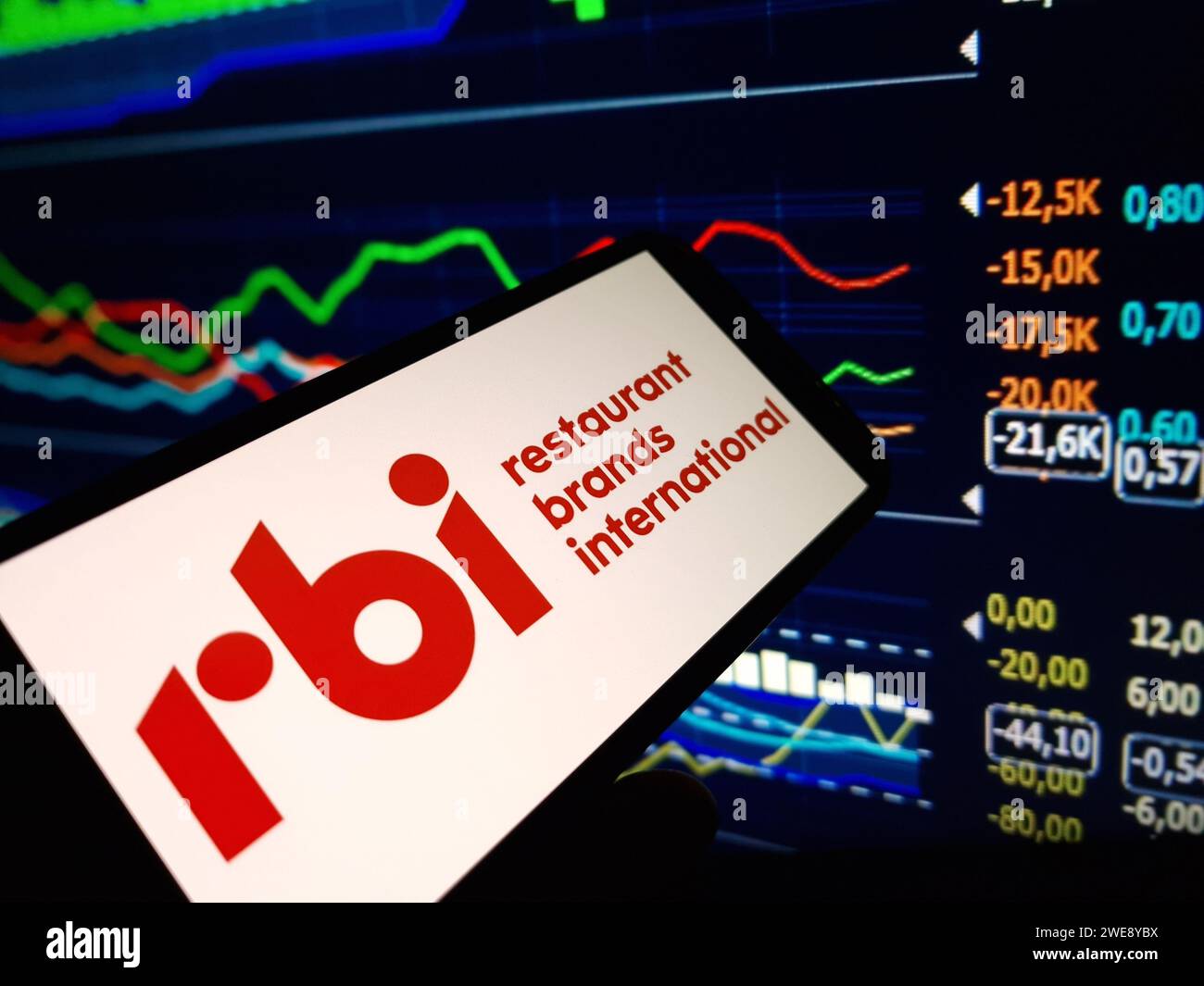 Konskie, Polen - 23. Januar 2024: Logo des Unternehmens Restaurant Brands International auf dem Bildschirm des Mobiltelefons Stockfoto