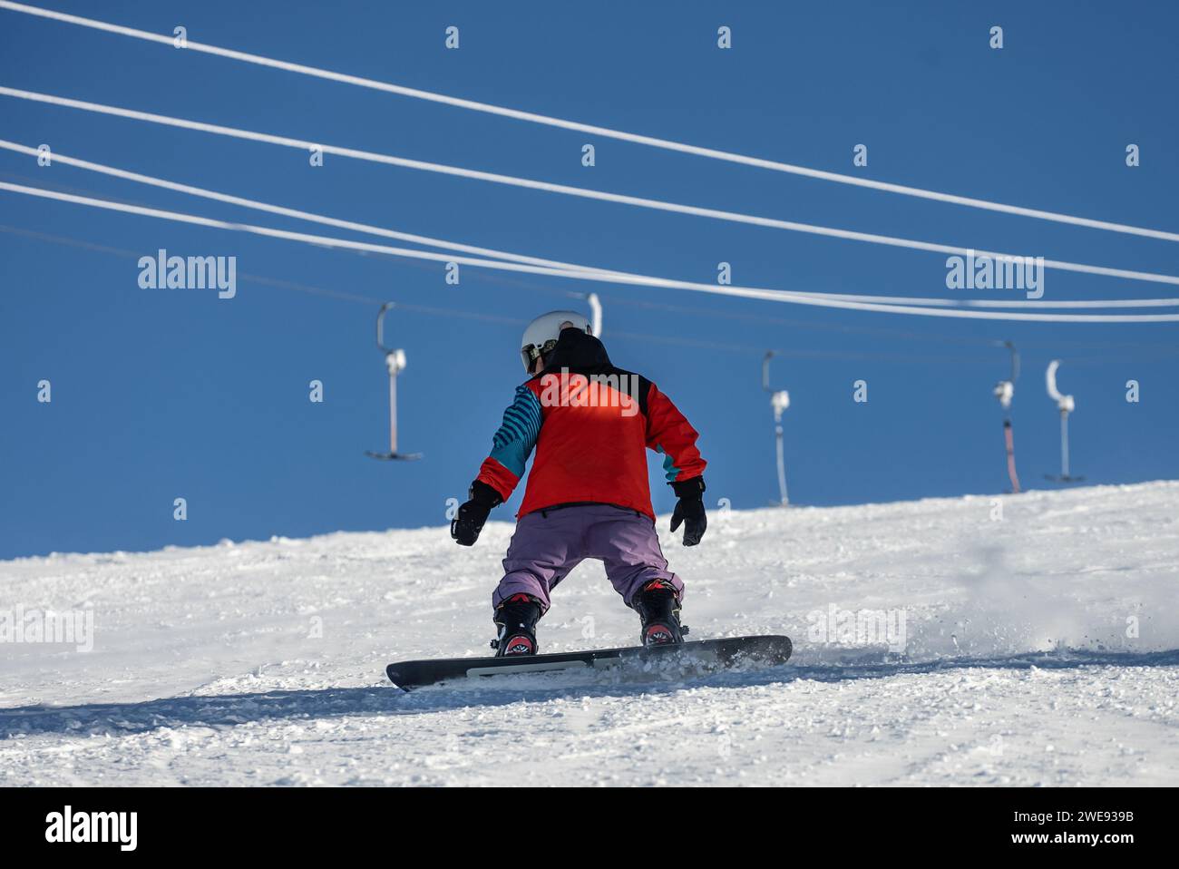 Freeride-Powder, Snowboarden im Resort Les deux alpes im Winter, Berge in den französischen alpen, Rhone Alpes in Frankreich Europa. Frisches Pulver Freeride. Stockfoto