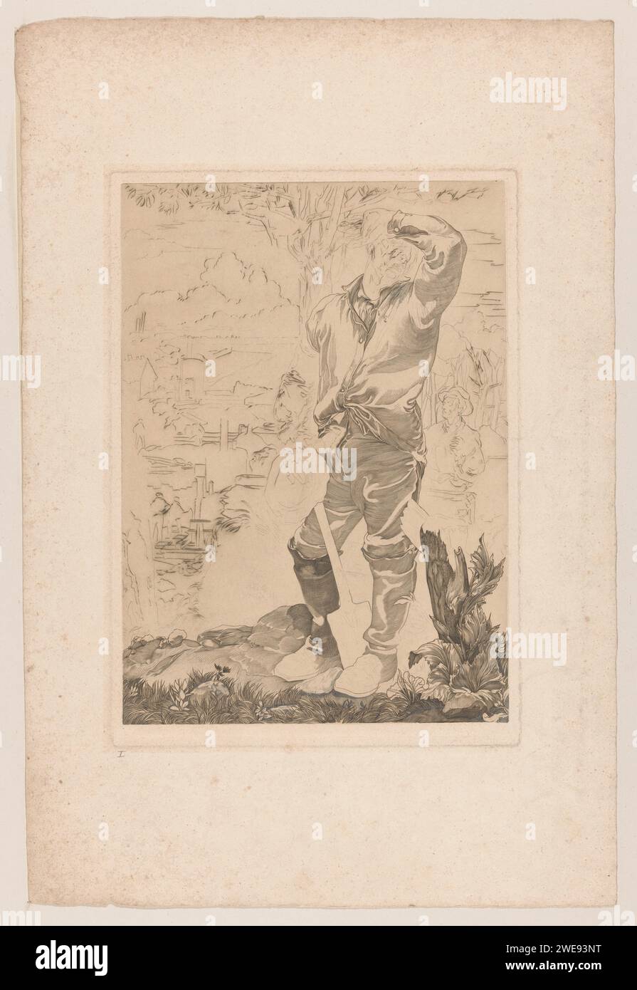 Arbeiter, der Schweiß von der Stirn fegt, Johannes Josephus Aarts, 1881–1934 drucken Ein stehender Mann wischt sich mit der linken Hand unter dem Arm entlang der Stirn. In seiner rechten Hand hält er seinen Hut und einen Spaten. Hinter ihm sechs weitere Arbeiter, einige Maschinen und Bäume in einer hügeligen Landschaft. Papier. Bleistiftgravur der Arbeiterklasse, Arbeiter. Schwitzen, Schwitzen. Ruhezustand - BB - außerhalb der Türen Stockfoto