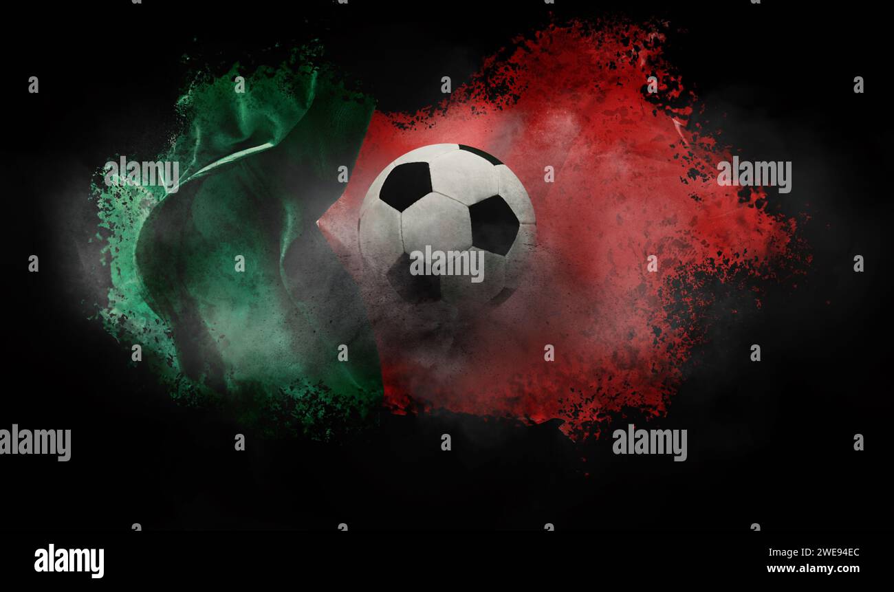 Werbeplakat für Live-Sportereignisse. Fußball hüpft gegen portugiesische Flagge vor schwarzem Hintergrund. Nationale Symbole Stockfoto