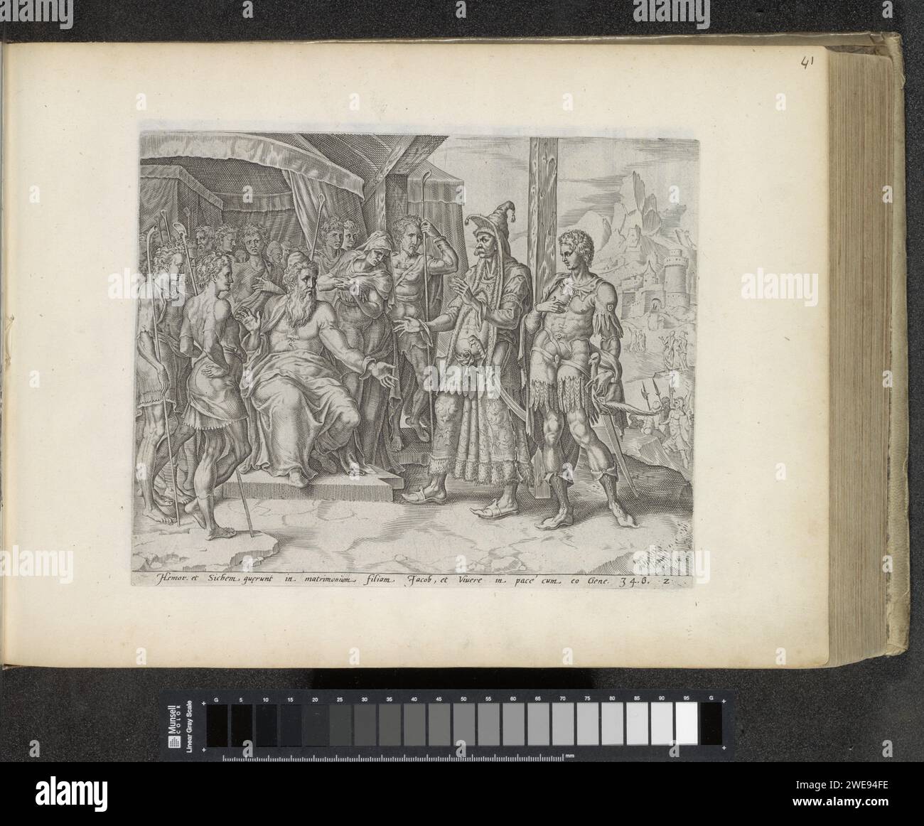Chamor und SiChem bitten Jakob um Dinas Hand, 1643 Druck SiChem und sein Vater Chamor kommen zu Jakob und bitten ihn, seine Tochter Dina mit SiChem zu heiraten. Jakob ist in seinem Zelt, umgeben von seiner Frau und zwölf Söhnen. Jakobs Söhne setzten die Bedingung, dass SiChem und sein Volk beschnitten werden müssen, weil sie ihre Frauen nur von beschnittenen Männern heiraten wollen. Am unteren Rand ist ein lateinischer Hinweis auf den Bibeltext in Gen. 34: 6. Dieser Ausdruck ist Teil eines Albums. Amsterdamer Papierstich Hamor und Sichem kommen zu Jakob, dessen Söhne gerade von den Feldern gekommen sind, um nach Dinah in marri zu fragen Stockfoto