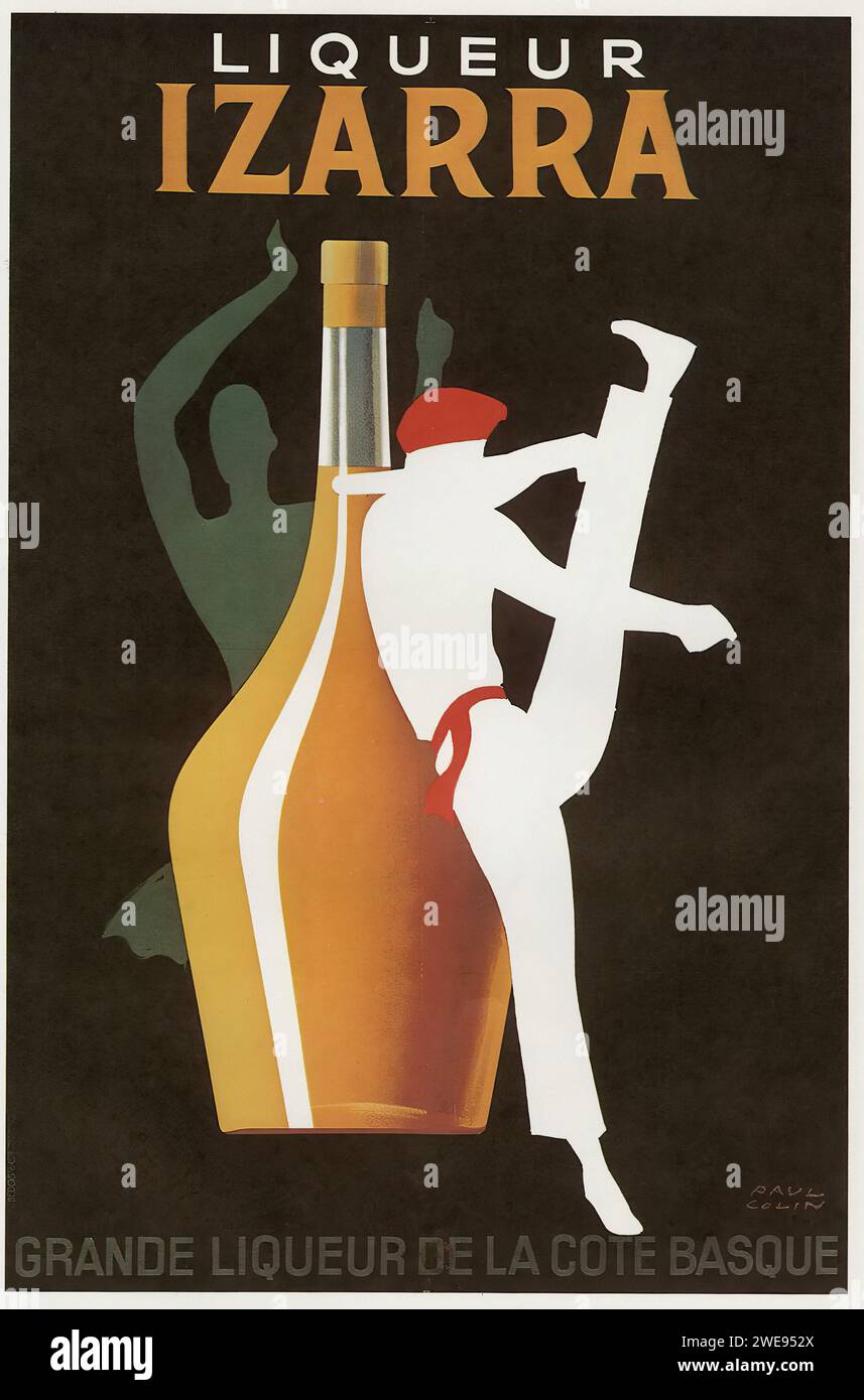 'Likör Izarra' von Zig. Ein Poster mit der Silhouette eines tanzenden Mannes und einer riesigen Flasche Izarra-Likör. Das Design ist schlank und mit Art déco-Elementen gestaltet und verfügt über ein einfaches, aber effektives Farbschema Stockfoto