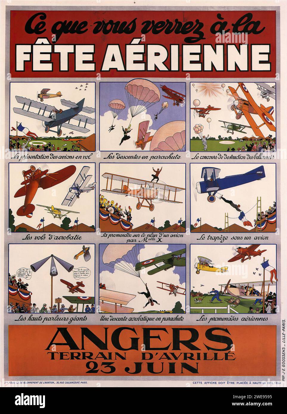 'CE que vous verrez à la FETE AERIENNE ANGERS TERRAIN D'AVRILLIE 25 JUIN' ['What you will See at the AIR SHOW ANGERS AVRILLE AIRFIELD 25 JUNE'] Vintage French Advertising. Das Poster zeigt farbenfrohe Illustrationen verschiedener Flugzeuge und Flugaktivitäten, unterteilt in verschiedene Szenen in gerahmte Felder, mit einem Titelblock oben. Der Stil ist lebendig und verspielt, charakteristisch für Illustrationen aus dem frühen 20. Jahrhundert mit einer flachen Farbpalette. Stockfoto