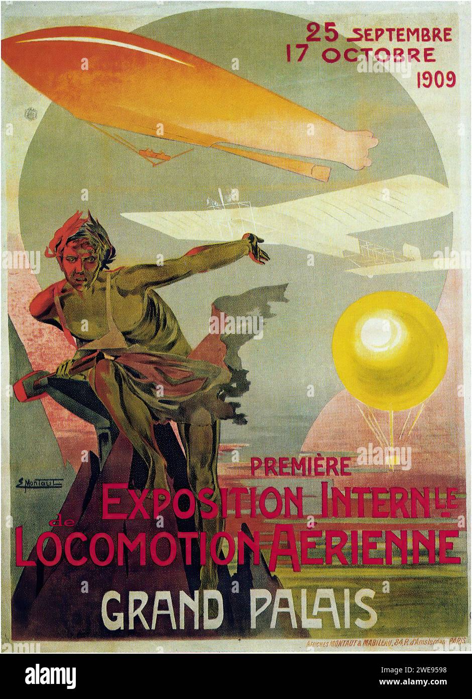 '25 SEPTEMBER 17 OCTOBRE 1909 PREMIERE AUSSTELLUNG INTERNLE LOKOMOTION AÉRIENNE GRAND PALAIS' ['25 SEPTEMBER 17 OKTOBER 1909 ERSTE INTERNATIONALE LOKOMOTION AUSSTELLUNG GRAND PALAIS'] VINTAGE FRANZÖSISCHE WERBUNG. Das Bild zeigt eine stilisierte Personifikation des Windes, der Luft aus seinem Mund zu einem beweglichen Luftballon und einem Luftballon bläst, vor einem Hintergrund aus Wolken und einer gelben Sonne. Art Nouveau-Stil mit dynamischen Linien und auffälligen Farbkontrasten. Stockfoto