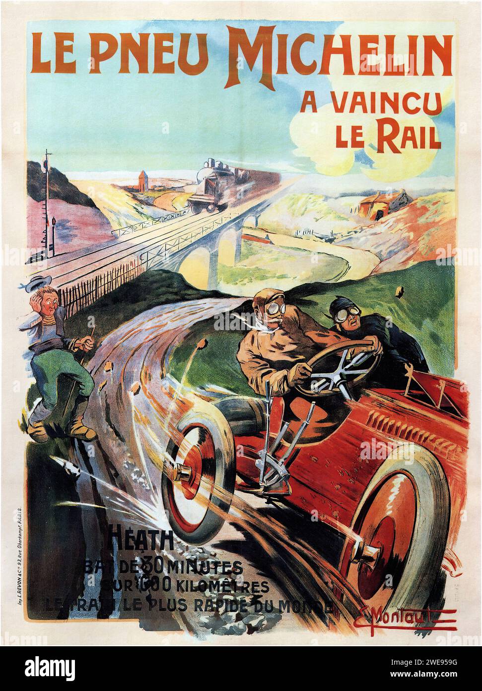 „LE PNEU MICHELIN A VAINCU LE RAIL“ [„DER MICHELIN-REIFEN HAT DIE SCHIENE BESIEGT“] FRANZÖSISCHE VINTAGE-WERBUNG. Eine Abbildung zeigt ein rotes Auto mit Fahrgästen, die eine Schutzbrille tragen und vor einem Zug rasen. Der Stil ist dynamisch und farbenfroh, typisch für kommerzielle Kunst des frühen 20. Jahrhunderts. Stockfoto