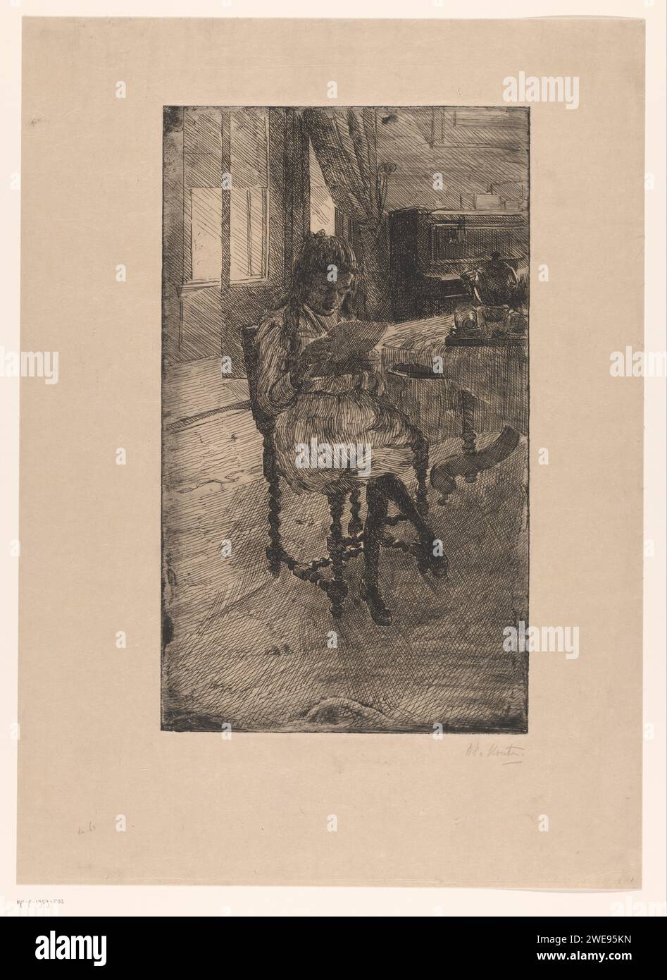 Lesende junge Frau, Barbara Elisabeth van Houten, 1872 - 1950 Druck, die junge Frau, möglicherweise Marian genannt, an einem Tisch mit Tee-Set liest. Papierätzung Jugendlicher, junge Frau, Jungfrau. Messwert. Tee- und Kaffeeservice Stockfoto