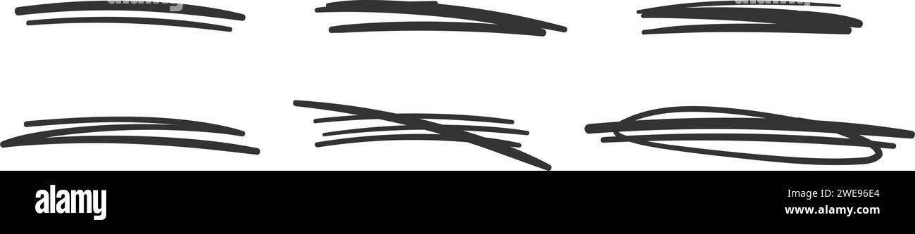 Doodle Style Kollektion Mit Durchstreichen Linien. Handgezeichnete Hervorhebungselemente, Unterstreichungen, Markierungslinien und gekreuzte Scribble-Streifen. Stock Vektor