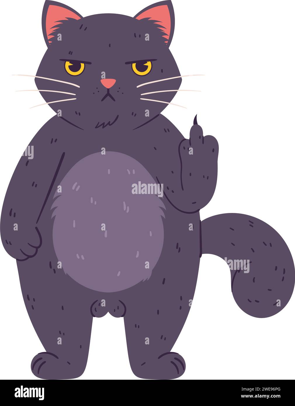 Eine mürrische Katze, eine fette, flauschige Katze, grau mit gelben Augen. Ein frustrierter Charakter, der nichts mag und mit seinem Mittelfinger Pfoten zeigt Stock Vektor