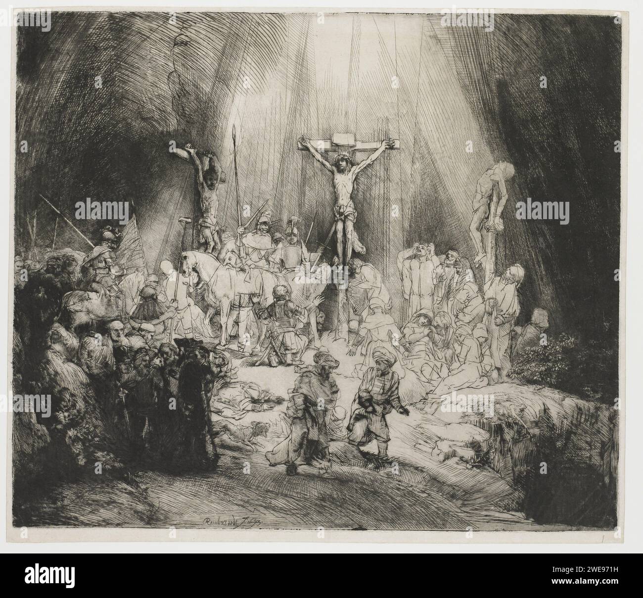 Die drei Kreuze, Rembrandt van Rijn, 1653 Druckpapier, Trockenpunkt Christus am Kreuz; nur Szenen nach der Kreuzigung fügten die drei Kreuze hinzu Stockfoto