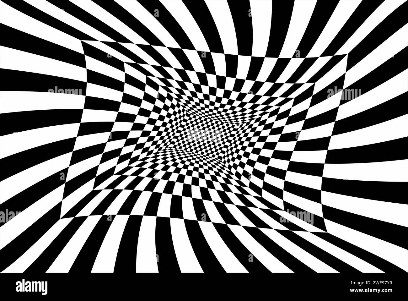 Hypnotisches schwarzes und weißes psychedelisches Schachbrett. Stockfoto