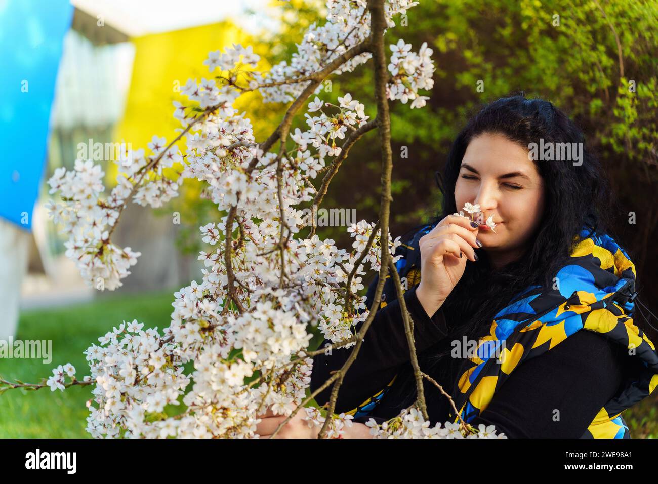 Junge ukrainische Brünette, die im Frühjahr beim Spaziergang im Park das Aroma von Kirschblüten genießt Stockfoto