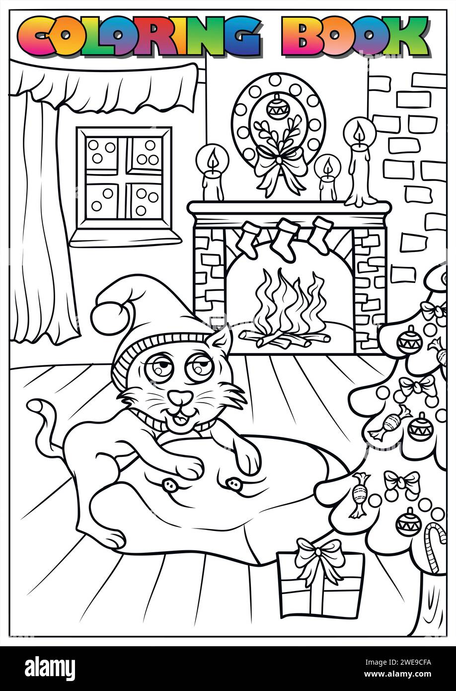 Kinder-Winter-Malbuch - Kletterkatze in der Nähe des Weihnachtsbaums Stock Vektor