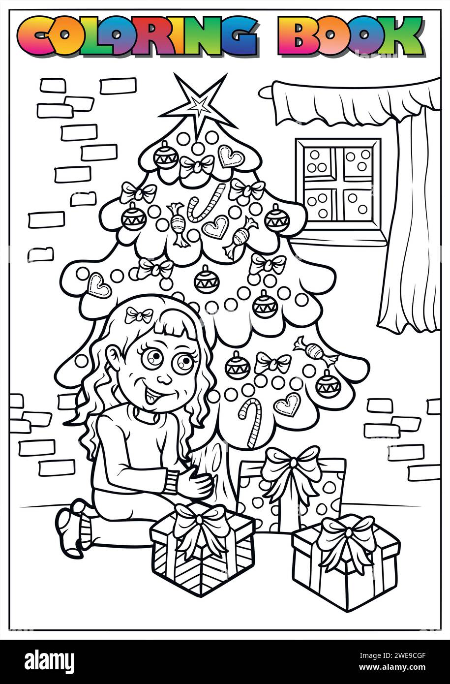 Kinder Winter Malbuch - Weihnachtsbaum mit Geschenken Stock Vektor
