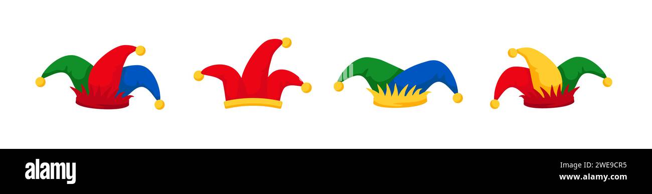 Jester Karnevalshüte Set. Karnevalsfarbener Harlekin-Kopfschmuck Stock Vektor