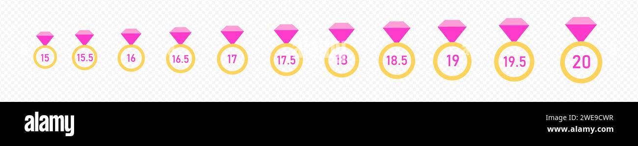 Größen des Sets kostbarer Ringe. Goldschmuck mit rotem Diamanten Stock Vektor