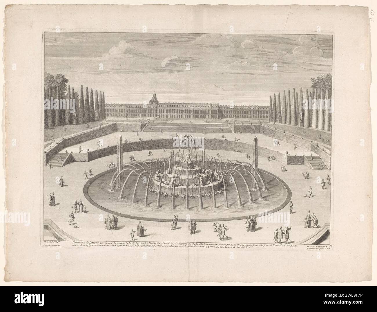 Fontein van Latona in den Gärten von Versailles, Gérard Scotin (I), nach Ferdinand Delamonce, ca. 1715 Druck Fontein van Latona in Versailles. Unten rechts nummeriert: 14. Paris Papierstich/Ätzung französischer oder architektonischer Garten; formeller Garten. Gartenbrunnen Garten von Versailles Stockfoto