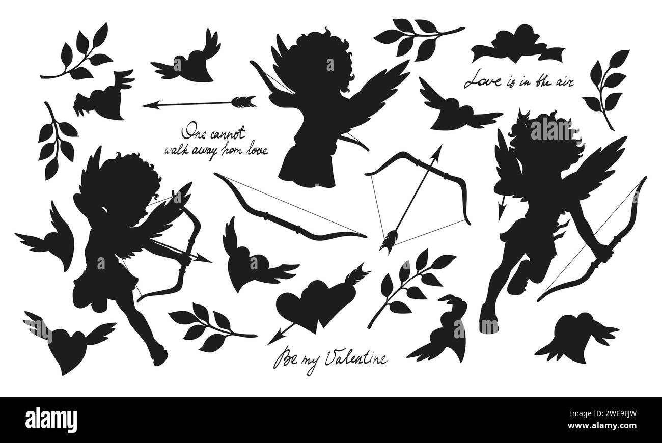 Symbole zum Valentinstag. Silhouette Vektor Cupid Charakter, Bogen, Liebespfeil, fliegende Herzen, grüne Blätter, Kalligrafie-Zitate für den Grußwagen Stock Vektor