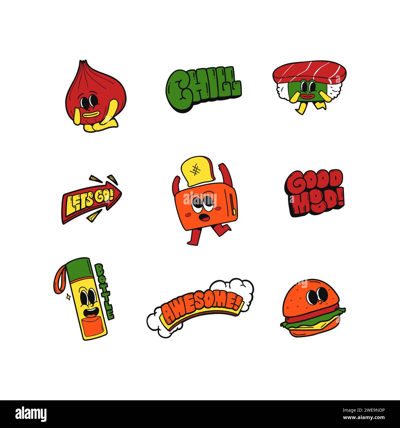 Trendiges Kochen Maskottchen Cartoon Charakter Retro Vintage Vektor Sammlung. Stock Vektor