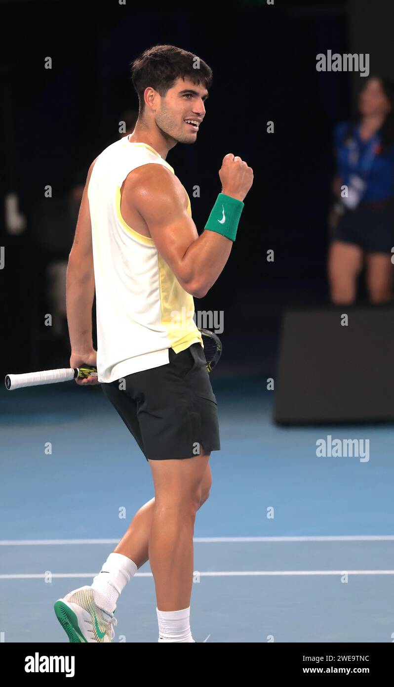 Melbourne, Australien, 24. Januar 2024. Der spanische Tennisspieler Carlos Alcaraz spielt 2024 beim Australian Open Tennis Grand Slam im Melbourne Park. Foto: Frank Molter/Alamy Live News Stockfoto