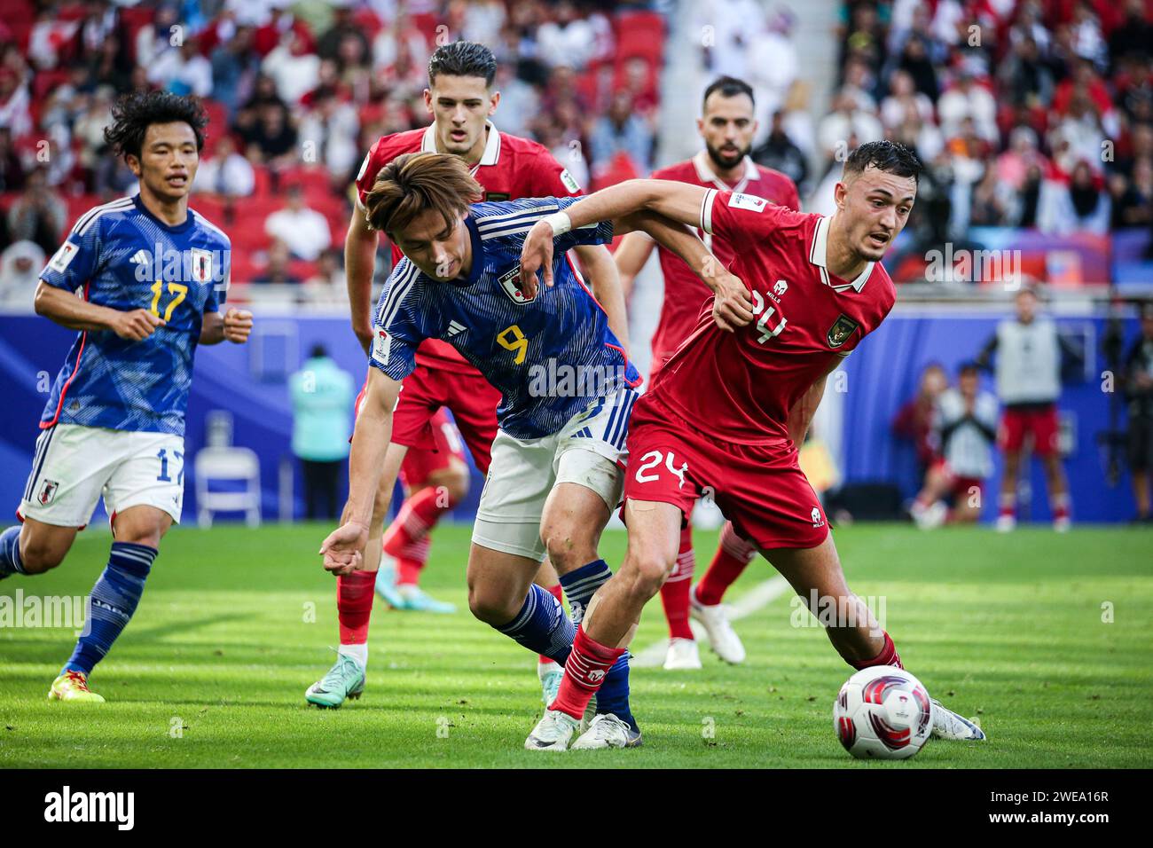 Doha, Japan, 24. Januar 2024, AFC Asian Cup Katar 2023 Gruppe D – Japan besiegte Indonesien 3-1 in ihrem letzten Spiel im Asian Cup Gruppe D und sicherte sich damit einen Top-Two-Platz. Ayase Ueda erzielte zwei Tore. Stockfoto