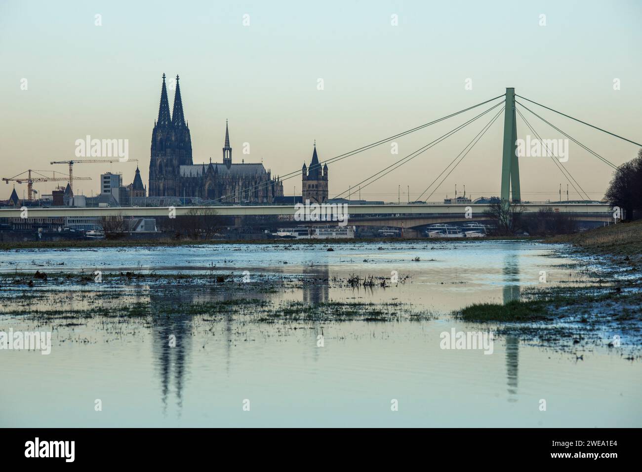 Blick von der Rheinaue im Stadtteil Deutz auf den Dom und die Severiner Brücke, leichte Überschwemmung, Köln, Deutschland. Januar 10. 2 Stockfoto